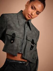 COSMINA Women's Front Zipper Long Sleeve Pocket Casual Jacket, Minimalist Style - Dark Grey - View 5