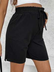 SHEIN Casual Black Ankle-Length Maternity Pants With Elastic Waistband, Side Pockets And Split Hem Design