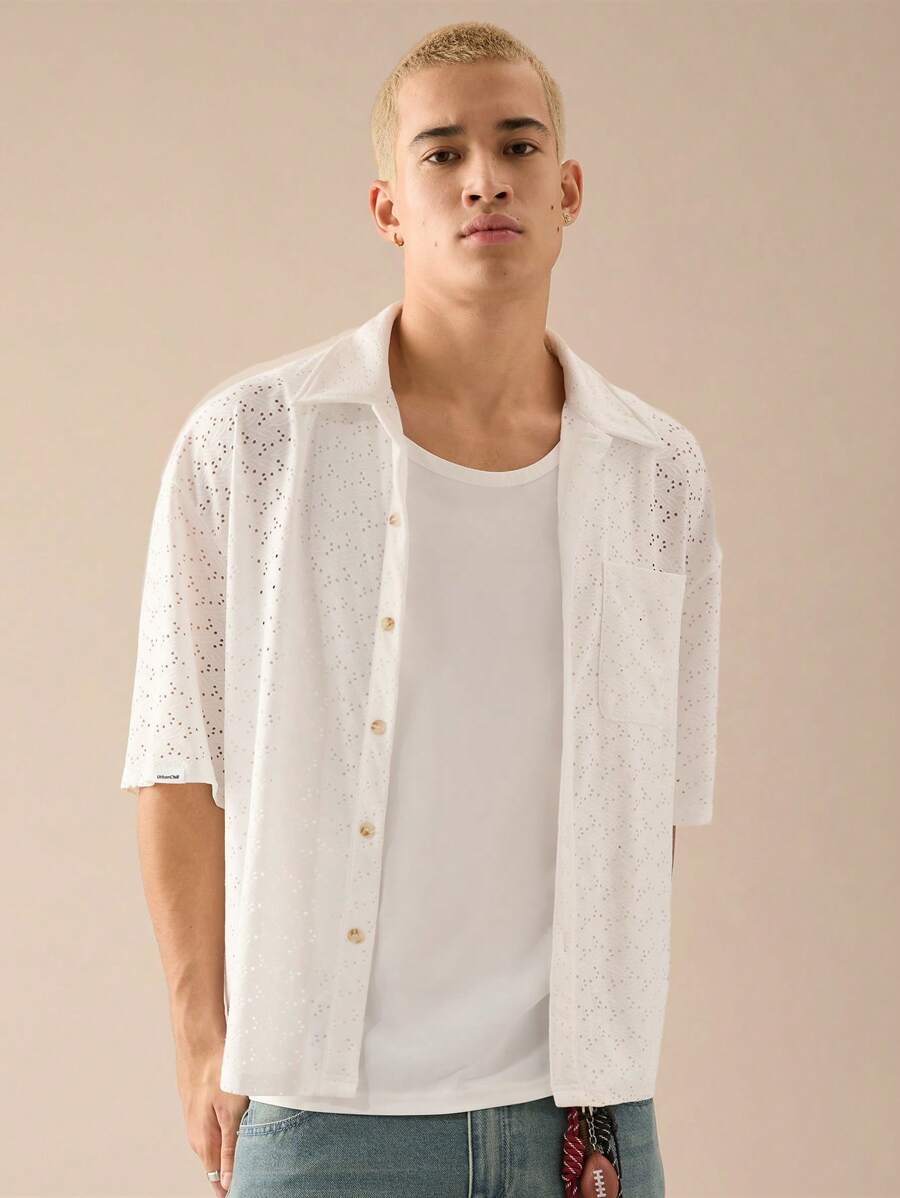 Manfinity VCAY Camisa suelta de manga corta casual de punto para hombres jóvenes para uso diario - Blanco - Ver 1