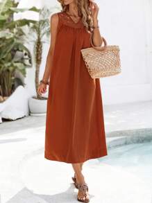 EMERY ROSE 女士长款纯色休闲连衣裙，简约时尚日常穿着 - 珊瑚橙 - 查看 4