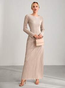 CLARA VERO Elegant Style Pleated Satin Quality Maxi Dress - Beige - View 7