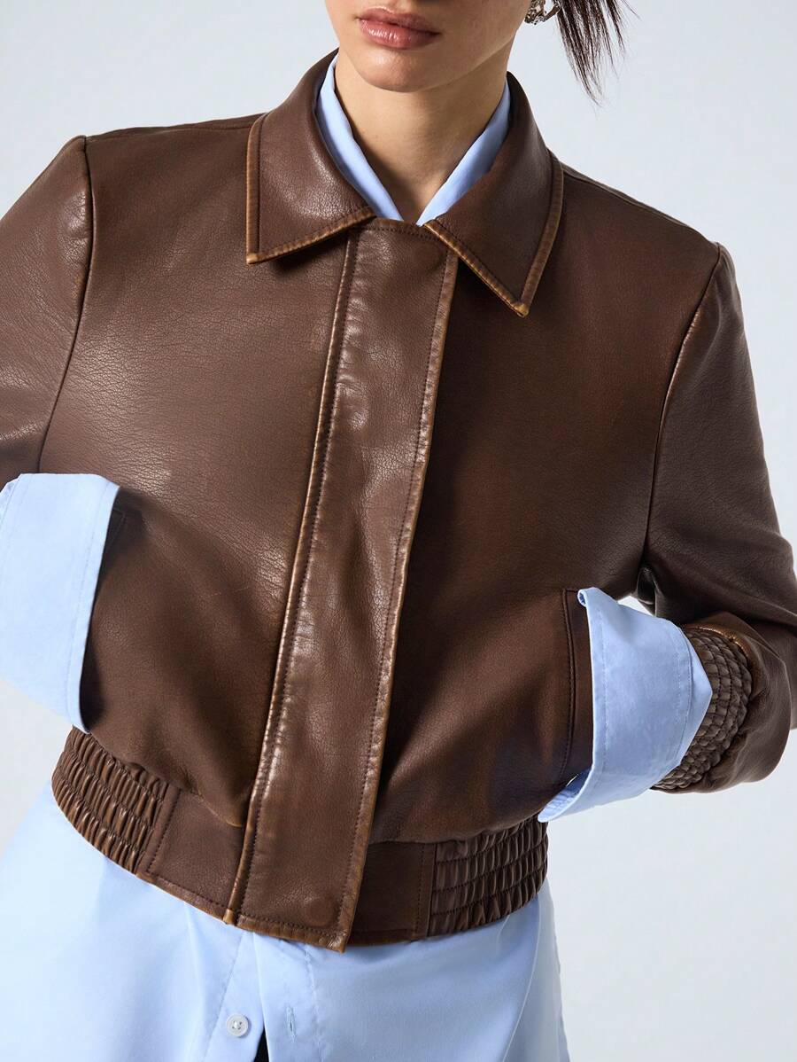 LYSMO Casual Vintage Textured Leather Cropped Jacket - Brown - View 1