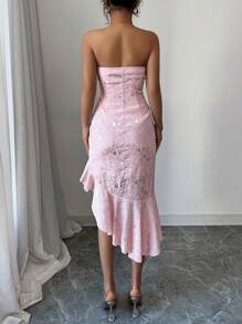 Elenzga Front 3D Bow Decor Asymmetric Ruffle Trim Waist Cinched Dress - Pink - View 3