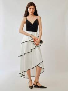 Chiquease Women Velvet Patchwork Contrast Color Tiered Midi Dress