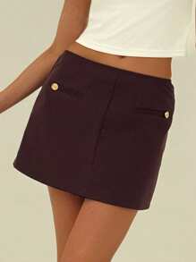 Aloruh Women's Solid Color Button Design A-Line Short Casual Skirt - Burgundy - View 3