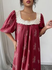 Mulvari Women Contrast Color Lace Patchwork Embroidery Arabian Dress - Red - View 3