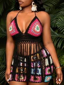 SHEIN SXY Áo ba lỗ dệt kim màu tương phản hở lưng cỡ lớn dành cho nữ có tua rua bồng bềnh - Nhiều màu - Xem 4