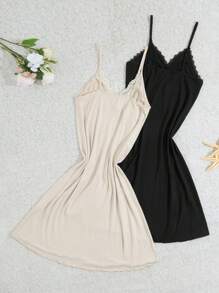 RueChic Women 2 Pcs Lace With Split Detail Homewear Sleveeless Sleep Dress Set - Multicolor - View 2