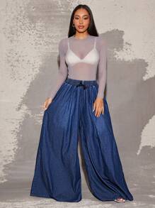 Vixey 抽绳可调节腰部超宽腿裤，女士春季服装，夏季服装，春季服装，女士街头服饰 - 藍色 - 查看 2