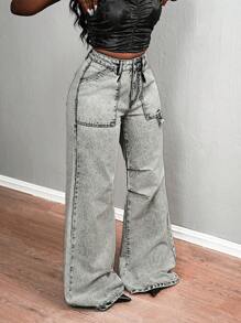 SHEIN Slayr Women's Pleated Pocket Wide Leg Loose Casual Jeans