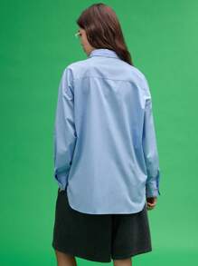 COUREZ 超大款长袖蓝色衬衫，Y2K复古风格，100%纯棉 - 藍色 - 查看 2