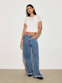 AiiRZ Double Layer Sheer Mesh Crop T-Shirt Summer Basic Layered Short Sleeve Casual Round Neck See Through Tee Fashion Streetwear Y2K Top - White - View 3