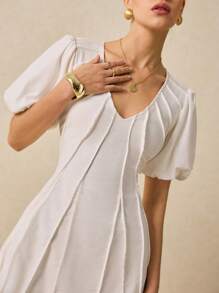 Poéselle Classic White Elegant Puffy Sleeve Pleated Mini Dress - A Timeless Choice For Summer Events And Daytime Outings, White Dresses, Summer Women's Clothing - White - View 3