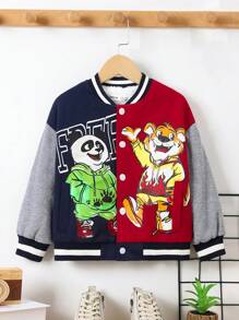 Cute And Comfortable Cartoon Animal Pattern Contrast Stitching Thermal Lined Jacket For Boys - Navy Blue - View 1