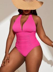 SHEIN Swim Curve Plus Size 1pc V-Neck Textured Fuchsia Pink Casual Simple One-Piece Swimsuit For Women, Summer Beach Vacation - Hot Pink - View 4