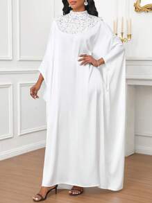 SHEIN Lady 四季优雅朴素长袍华丽白色亮片拼布设计长裙