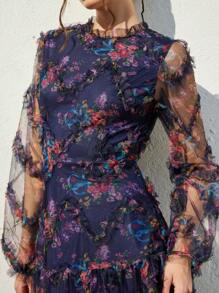 Aveloria Rosie Elegant French Texture Flower Embroidery Long Sleeve Dress, Fitted Waist Flared Hemline, Luxury Vibe, Spring All Over Floral Print For Spring Fall - Navy Blue - View 3