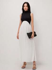 BizChic Black & White Splice 女士优雅露肩漏斗领中长连衣裙，适合春夏季约会