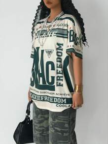 SHEIN Tween Girls Spring/Summer Round Neck Short Sleeve Letter Print Simple T-Shirt - Army Green - View 4