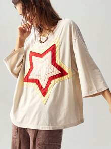Bohemela 休闲纯色针织五角星刺绣图案圆领宽松大码短袖 T 恤