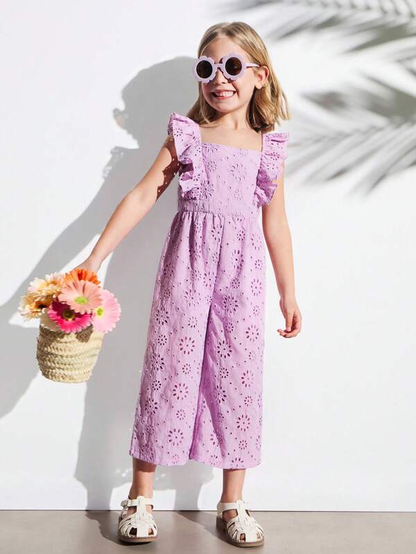 THE HAPPY LOOK Young Girls Purple Embroidered Ruffle Strap Loose Straight Bodysuits & Jumpsuits, Casual & Resort Style