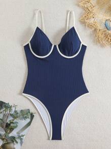 SHEIN Swim Trang phục đi biển mùa xuân, Đồ bơi liền thân cổ điển có gọng viền mảnh màu tương phản dành cho nữ, Đồ bơi liền thân phong cách Boho cho lễ hội, Cho kỳ nghỉ hè ở bãi biển - Màu xanh hải quân - Xem 1