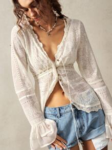 Bohemela Women's Solid Color Woven V-Neck Flared Sleeve Fitted Ruffle Trim Blouse - Beige - View 5