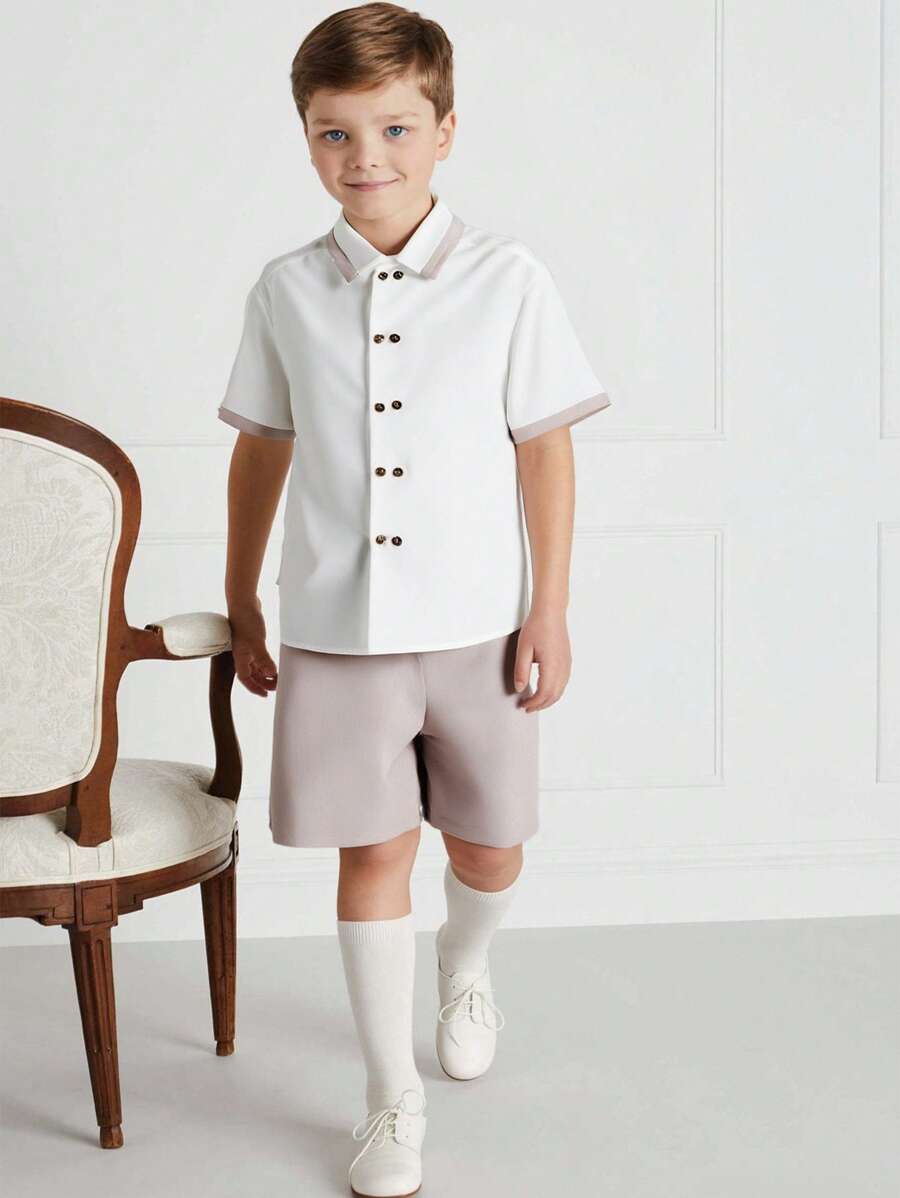 2pcs/Set Kids Tween Boys Casual Conservative Collared Button-Up Short Sleeve Loose Shirt & Woven Shorts Gentlemanly Outfit Set
