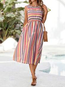 EMERY ROSE Women Sleeveless Casual Striped Dress, Vacation Style - Multicolor - View 5