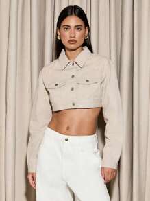 AiiRZ 刺绣短款卡车司机夹克花卉图案纽扣前襟春季时尚休闲外套过渡季街头潮流单品 - 卡其色 - 查看 1