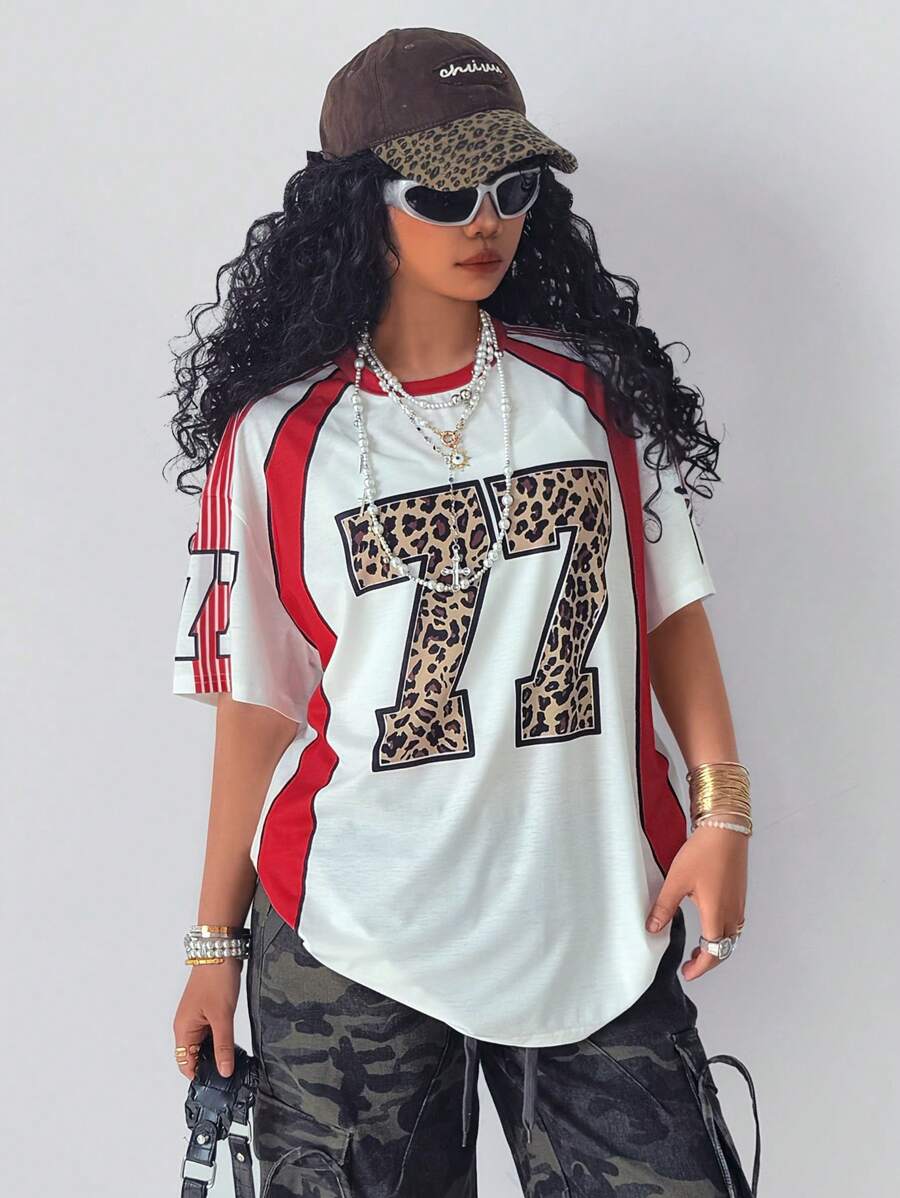 SHEIN Coolane Teen Girls Spring/Summer Leopard & Striped Print Casual Short Sleeve T-Shirt Graphic Cheetah Print Tees, Number Shirts Teens, 7 Girl Clothes - Burgundy - View 1