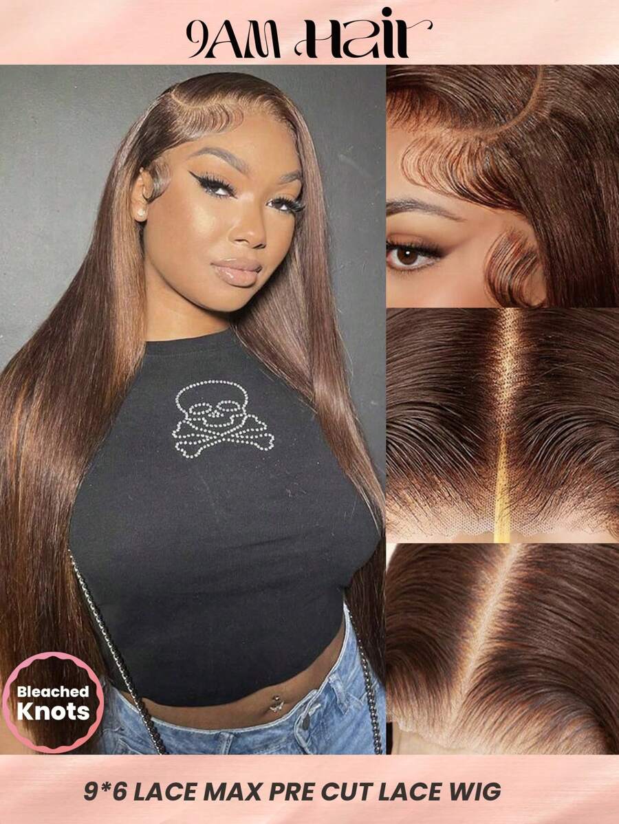 9*6 Wear&Go Chocolate Brown Pre Cut Lace Closure Wigs Pre Bleached Human Hair Straight Hair 16-20inch 180% Density Put&Go Glueless Lace Front Wigs Pre Plucked For Women - S4 - View 1