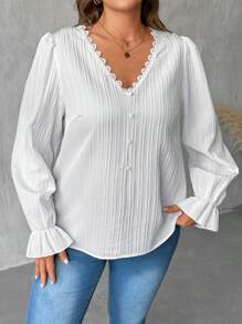 SHEIN LUNE 1pc Women's Simple V-Neck Ruffled Front Button Long Sleeve Plus Size Casual Shirt