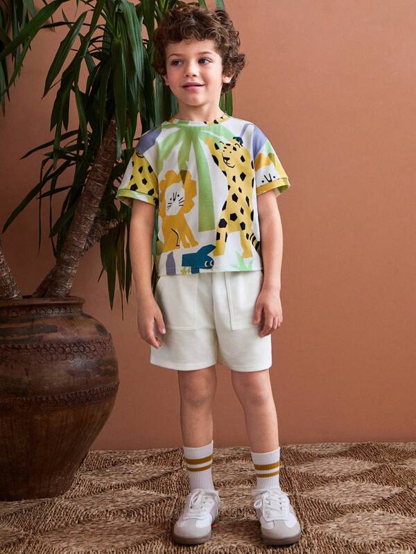 THE HAPPY LOOK Young Boy Colorful Animal Print Short Sleeve Top And Shorts 2 Pieces Set, Summer