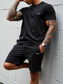 Manfinity Homme Plus Size Men 2pcs/Set Graphic Print Round Neck Short Sleeve T-Shirt And Shorts - Black - View 1