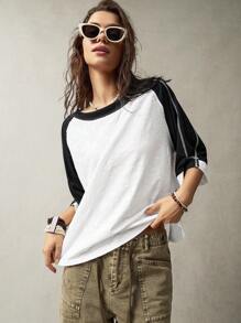 Bohemela 休闲撞色圆领插肩袖宽松大码 T 恤 - 黑與白 - 查看 7