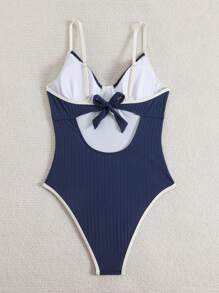 SHEIN Swim Trang phục đi biển mùa xuân, Đồ bơi liền thân cổ điển có gọng viền mảnh màu tương phản dành cho nữ, Đồ bơi liền thân phong cách Boho cho lễ hội, Cho kỳ nghỉ hè ở bãi biển - Màu xanh hải quân - Xem 3