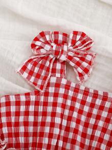 SHEIN Newborn Baby Girl 2pcs Cute Red Plaid Bow Camisole Top And Shorts Set, Summer - Red and White - View 7