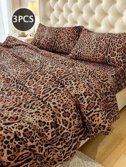 Juego de ropa de cama de 3 piezas, 100% poliéster, estampado de leopardo (1 edredón, 2 fundas de almohada), sin relleno, juego de ropa de cama moderna para todas las estaciones