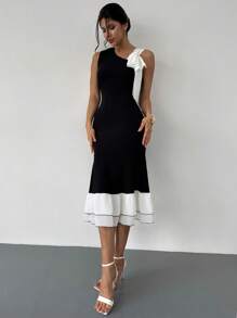 Firerie 女士优雅浪漫雪纺蝴蝶结拼布无袖中长连衣裙 - 黑與白 - 查看 2