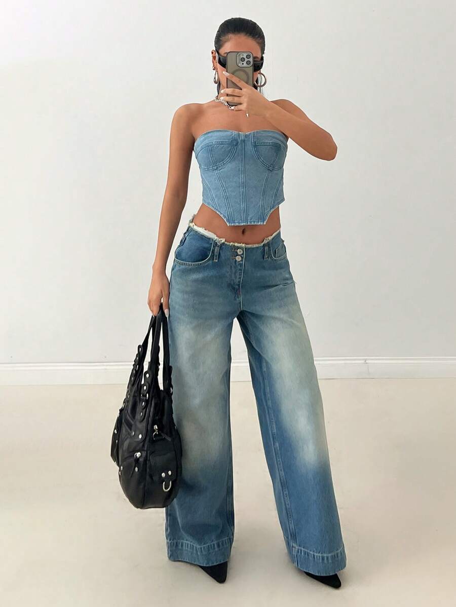 EURMUSE WOMEN WIDE LEG LOW WAIST JEANS BELT DETAIL - Light Wash - View 1