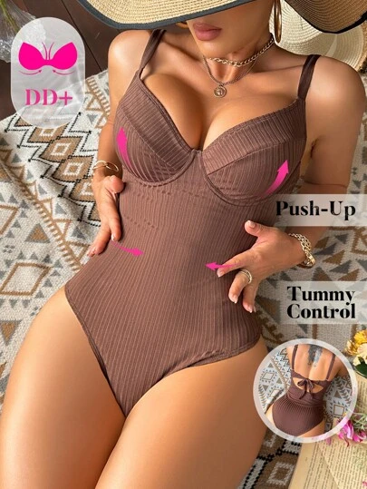 Swim DD+ 1 件女式纯色系带露背连体泳衣，夏季海滩度假