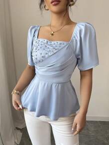 Elenzga Women's Elegant Beaded Detail Puff Sleeve Pleated Ruffle Hem Blouse - Blue - View 3