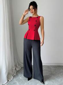 Elenzga Best-Selling Solid Color Fabric Button-Down Fitted Sleeveless Top And Contrast Color Pants 2Pcs Set For Women