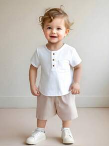 SHEIN 2pcs/Set Infant/Toddler Chest-Pocket Round Neck Short Sleeve Pullover Top And Solid Shorts Set, Suitable For Spring And Summer Everyday Wear - Khaki - View 9