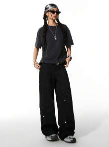 SHEIN Pantalons cargo pour filles préadolescentes, printemps/été Y2K, avec plis latéraux et clous - Noir - Voir 4