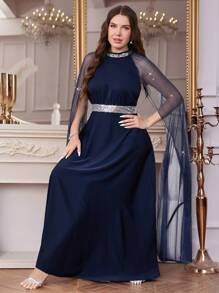 SHEIN Clasi Curved Plus Size Women's Blue Elegant Silver Sparkling Sequins Stitching Waist Tightening A-Line Slit Sleeve Dress, Women's Dark Blue Dress, Going Outfits, Women's Dress, Elegant Dress, Elegant Dress, Elegant Wedding Dresses, Women's Spring Summer Dresses, Holiday Outfits - Navy Blue - View 4