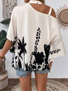 Breezaya Women's Holiday Chain Asymmetric Neck Print Shirt (Flower Pattern Random Cut) - Apricot - View 2