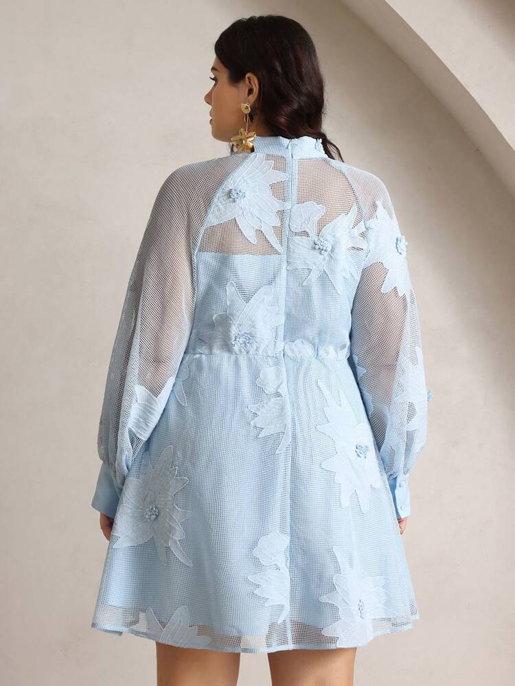 Ladies Plus Size Mesh Perspective Embroidered Entrance Guard Decorative Buttons Elegant Mini Blue Long-Sleeved Dress Mesh Dress, Spring Outfits For Women