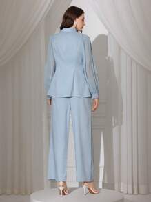 Modelyn 2pcs Women's Chiffon Pleat Bowknot Suit Jacket + Pants Set, Spring/Summer Fall Cloth For Women - Blue - View 7
